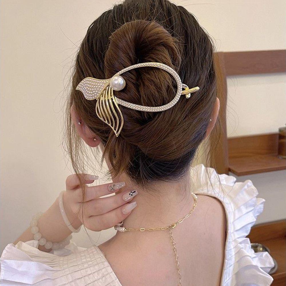 Augustina Fishtail Klip Rambut Vintage Sederhana Mutiara Hiasan Kepala Berlian Hiasan Kepala Gadis Ponytail Holder