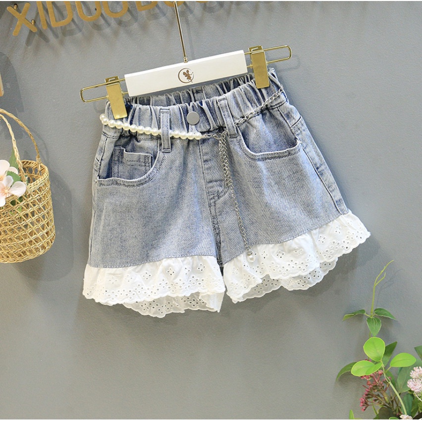 babyfit OCCHY setelan kemeja dengan celana hotpants jeans set scrunchy tali pinggang belt mutiara import al-0208r