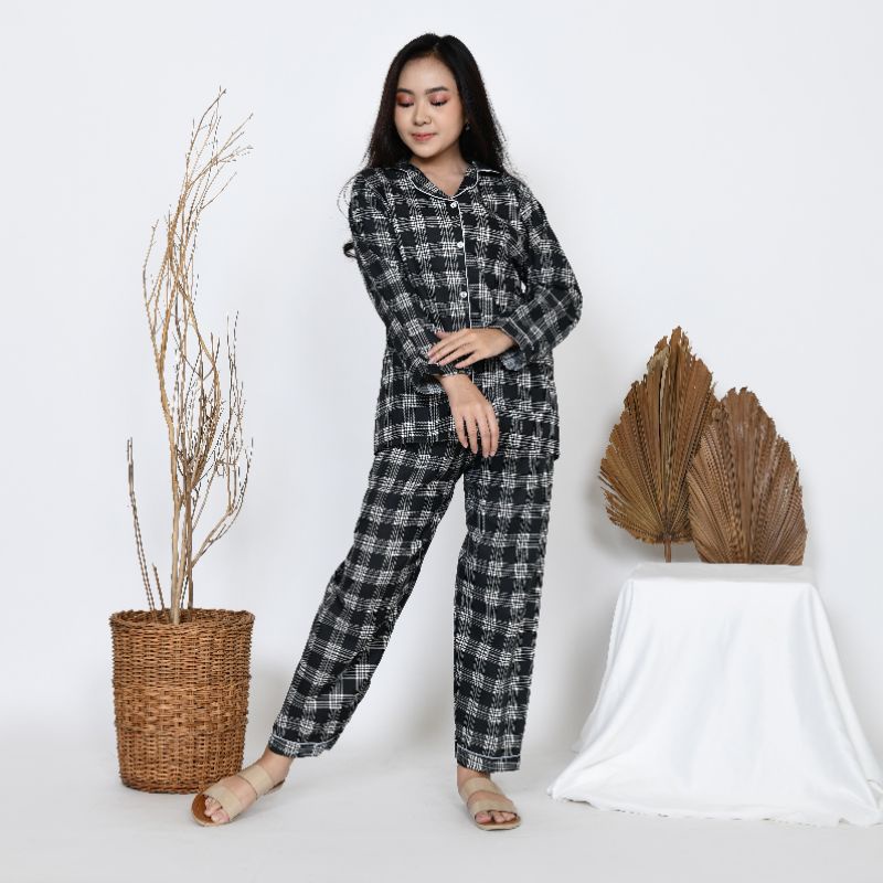 Baju Tidur Piyama Wanita/Cewek Pajamas Dewasa Katun Motif Kotak Kerlita PP Lengan Panjang Kekinian