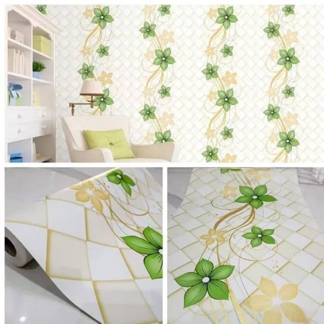 Wallpaper stiker dinding bunga hijau ketupat kuning