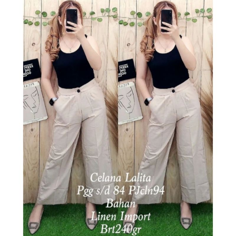 Celana Kulot Lalita Premium Linen Import Fit S-XL (Lp 74-94 cm)-Cream