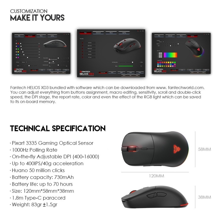 Fantech HELIOS XD3 Wireless Mouse Gaming RGB Dual Mode Macro