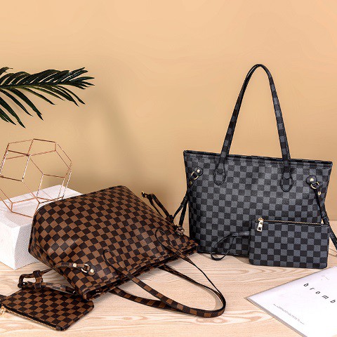 BJ31875 (2IN1) - BLACK/BROWN/WHITE SQUARE - TAS BAHU SHOULDERBAG MOTIF KOTAK JINJING TOTEBAG HANDBAG FREE POUCH TAS WANITA FASHION IMPORT MODIS ELEGAN TERMURAH TERLARIS TERBARU BAGSTORE JAKARTA TAS BATAM ZCJ0129 CR7482 LT1875 BQ3211