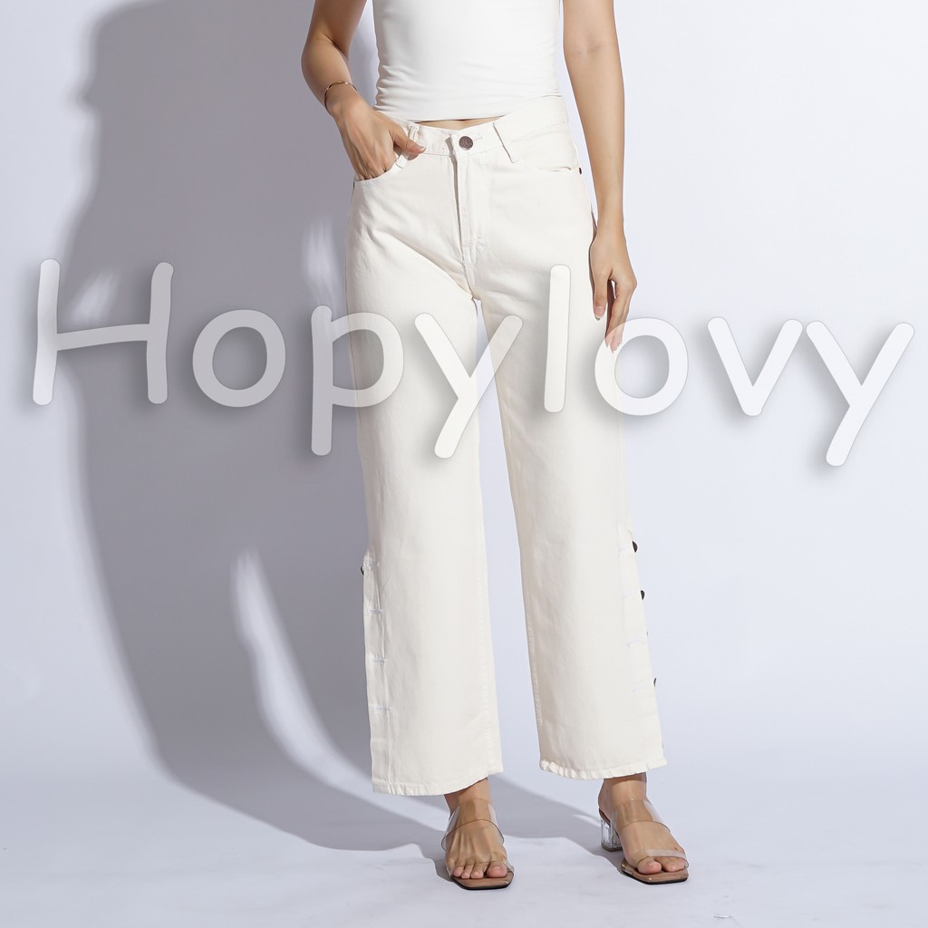 HOPYLOVY - Celana Boyfriend Jeans Model Kulot Kancing Samping Cream Arabela