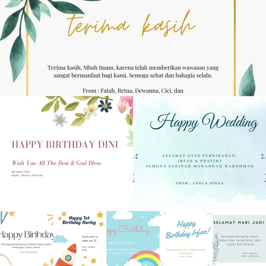 request custom kartu ucapan / greeting card art paper ulang tahun wedding pernikahan gift hadiah wisuda graduation farewell free design / ucapan kartu hari raya natal tahun baru idul fitri imlek
