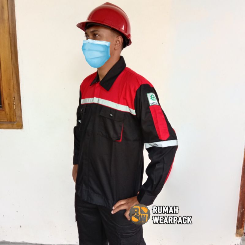 Baju Kerja/ Wearpack Proyek/ Seragam Kerja Lengan Panjang Atasan Hitam Merah