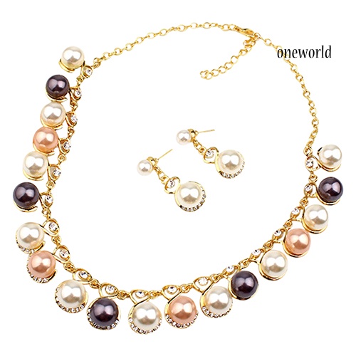 OW@ Women Faux Pearls Rhinestone Chain Necklace Earrings Wedding Bride Jewelry Set