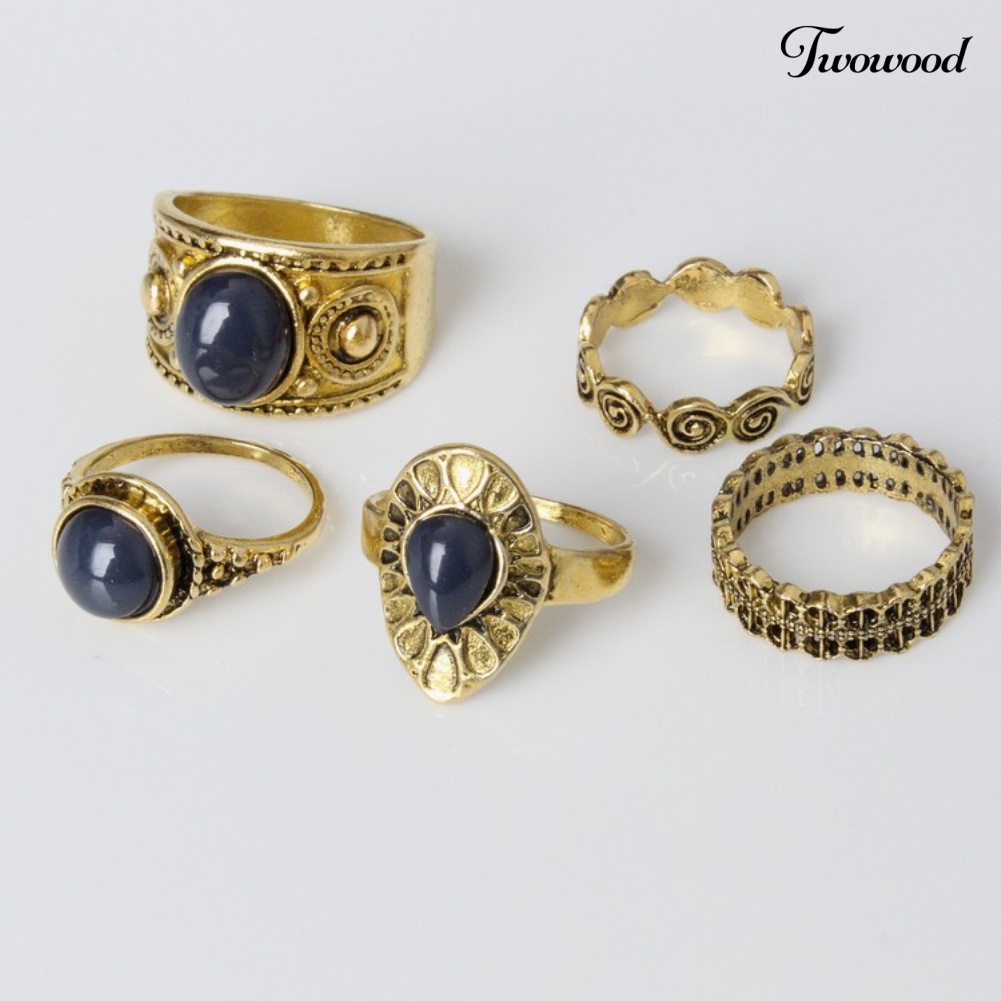 5pcs / Set Cincin Jari Bahan Alloy Aksen Batu Biru Gaya Bohemian Vintage Untuk Wanita