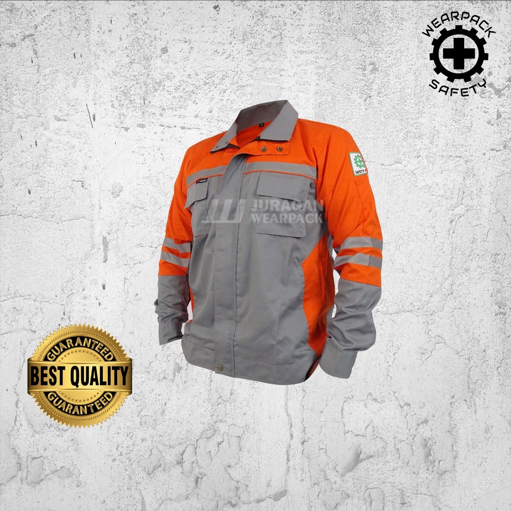 Wearpack Kerja/Baju Safety Lengan Panjang Warna Orange Kombinasi Abu-abu