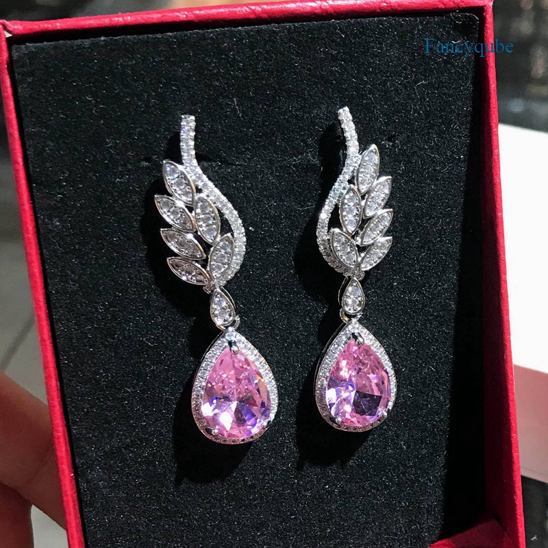 Fancyqube Anting Menjuntai Bentuk Sayap Malaikat Hias Kristal Zircon Warna Pink Untuk Wanita