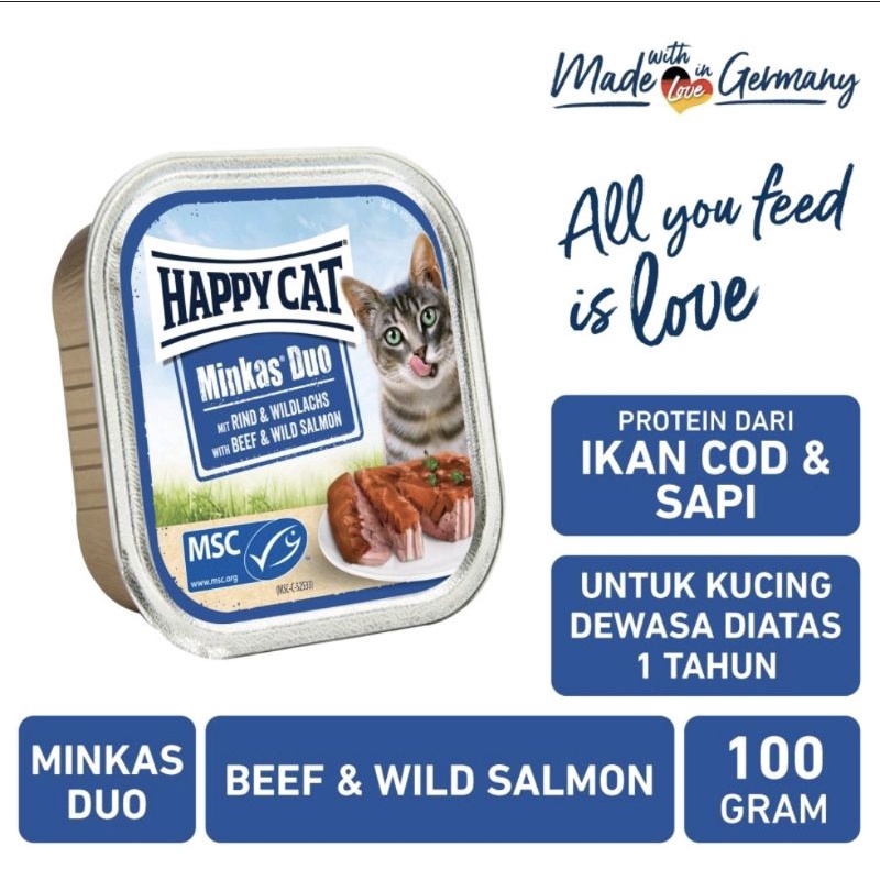 Happy Cat Minkas Duo BEEF&amp;SALMON 100Gr Makanan Kucing Basah (Sapi &amp; Salmon)