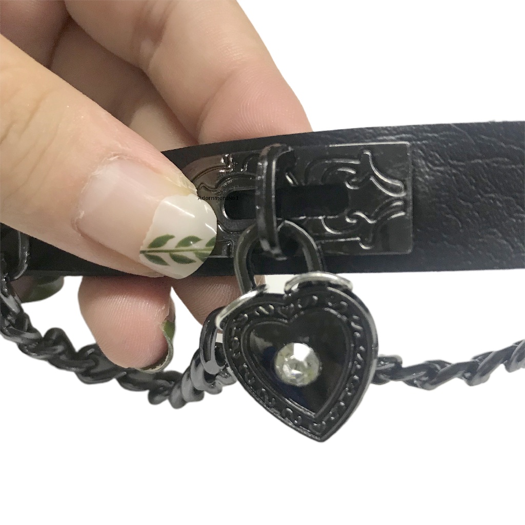 (AdornmentNo1) Gelang Tangan Kulit Aksen Hati + Berlian Imitasi Gaya Punk / Gothic Untuk Wanita