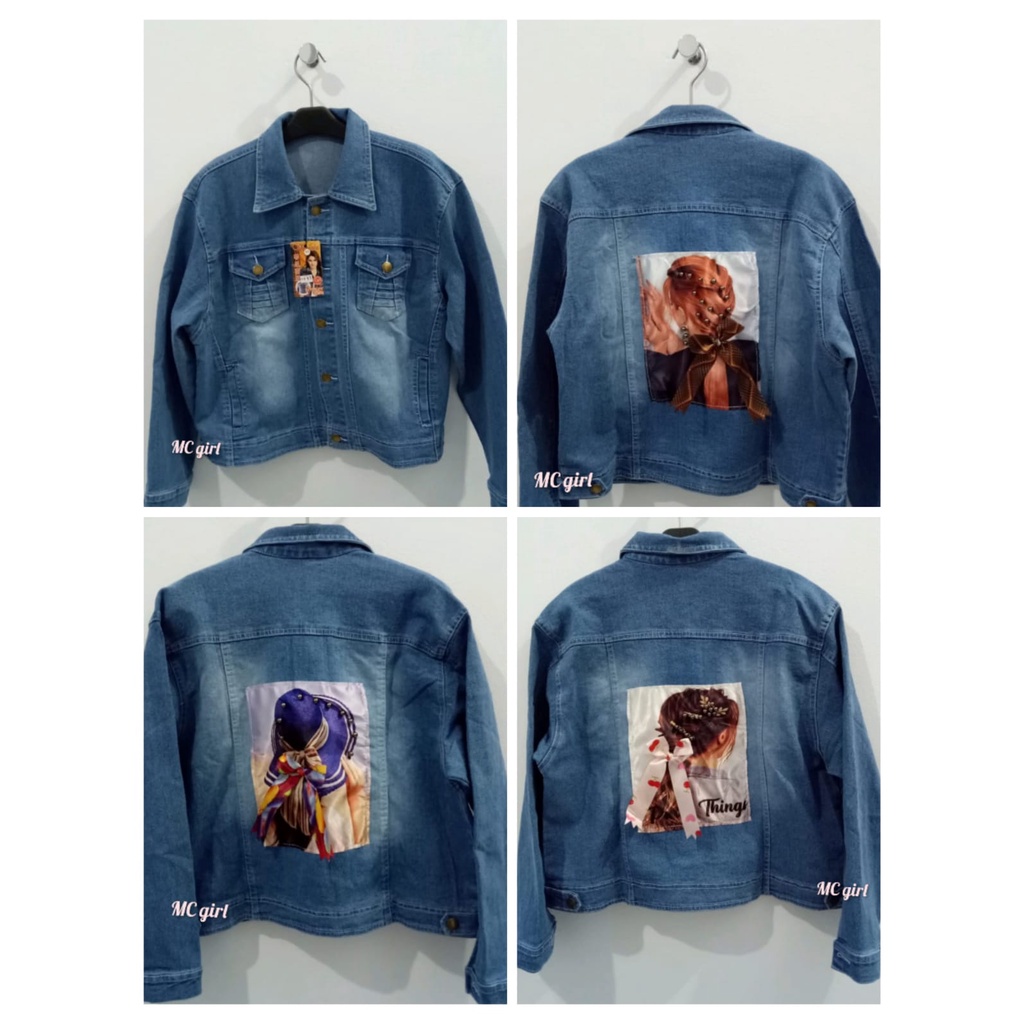 MC girl - Jaket Jeans Gambar Belakang Wanita / Jacket Denim Polos Sequin Gambar Pita 3D Cewek