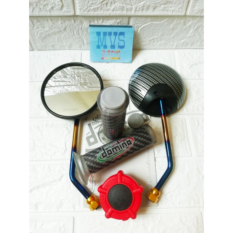 Spion Bulat Twotone Panjang + Handgrip Carbon + Tutup Tanki Variasi= Scoopy Karbu/Fi/Esp, Spacy Karb