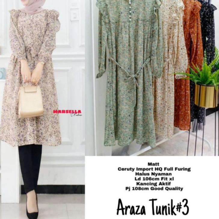 Hot Sell.. araza long tunik marsela tunik ceruty tunik terbaru motif bunga baju atasan wanita kekini