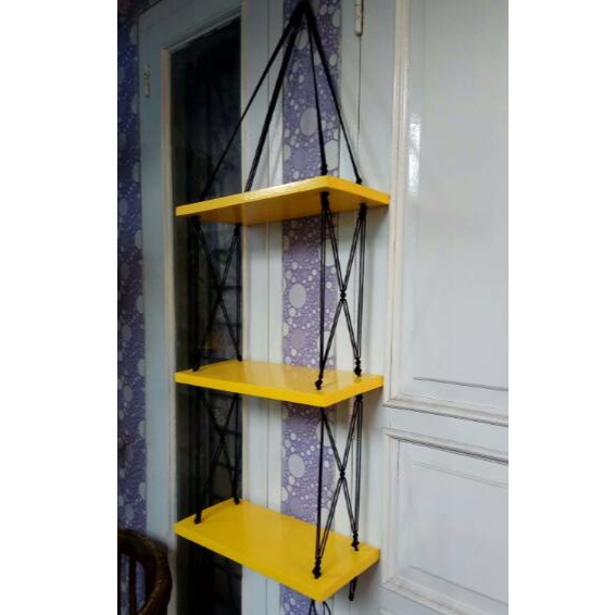 Rak Dinding Gantung Minimalis Tiga Susun Kuning Tali Hitam Rak Dinding Gantung Minimalis Tiga Susun Kuning Tali Hitam