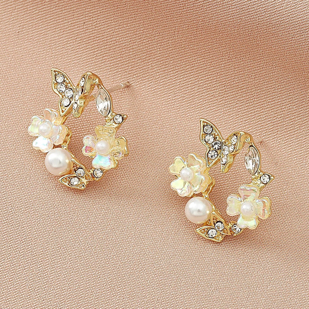 Versi Korea Pribadi Mutiara Anting-Anting Kupu-kupu Seri Mori Indah Anting-Anting Geometris Temperamen Gadis Bulat Zirkon Anting-Anting