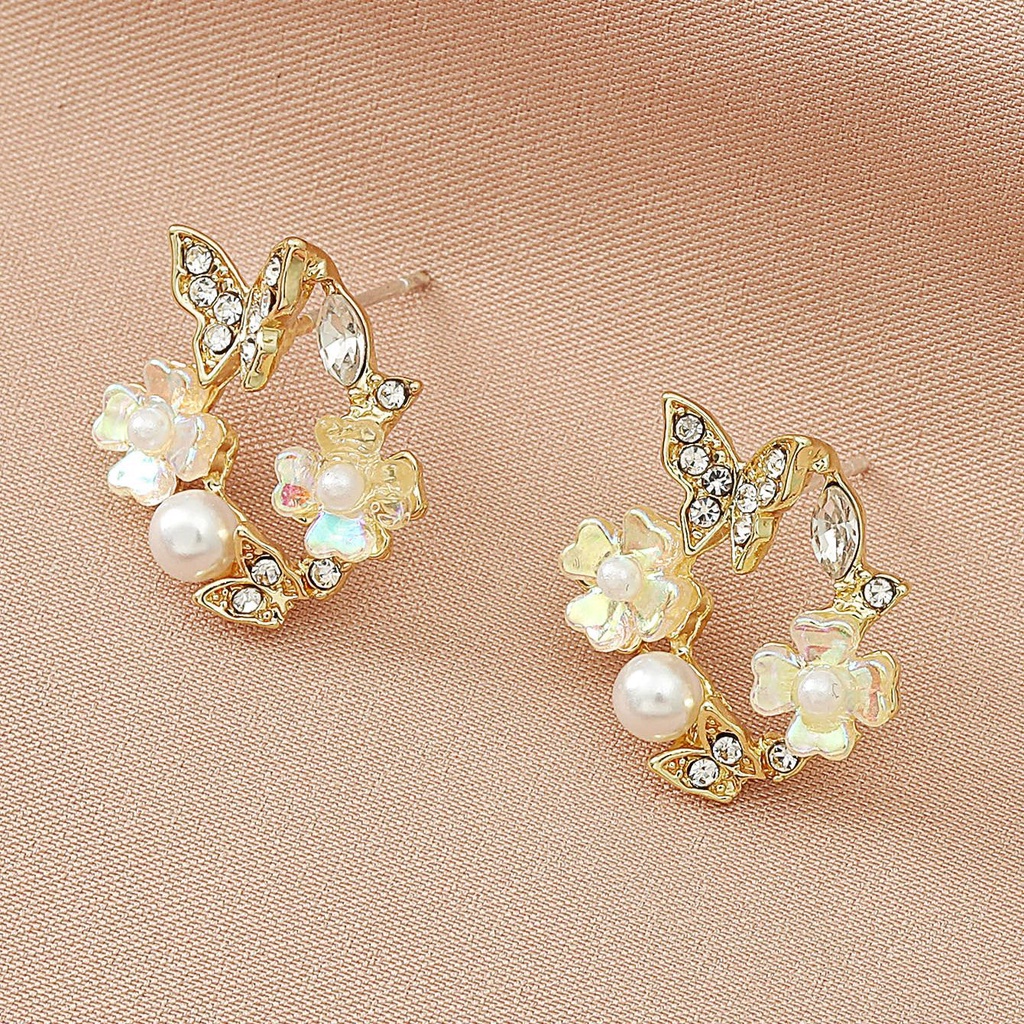 Anting Mutiara Bunga Kupu-kupu Manis Anting-anting Pin Kupu-kupu Emas Bulat Fashion Korea