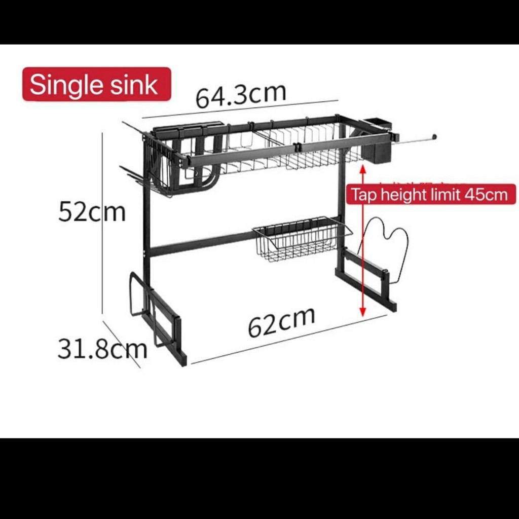 Rak Piring Stainless HITAM Portable 65cm-  Rak Dapur sink 2 susun Stenlis Black  65 cm bcp 1 lubang