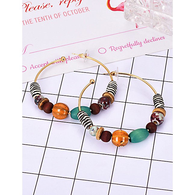 LRC Anting Tusuk Fashion Color Alloy Round Wooden Beads Earrings F32678