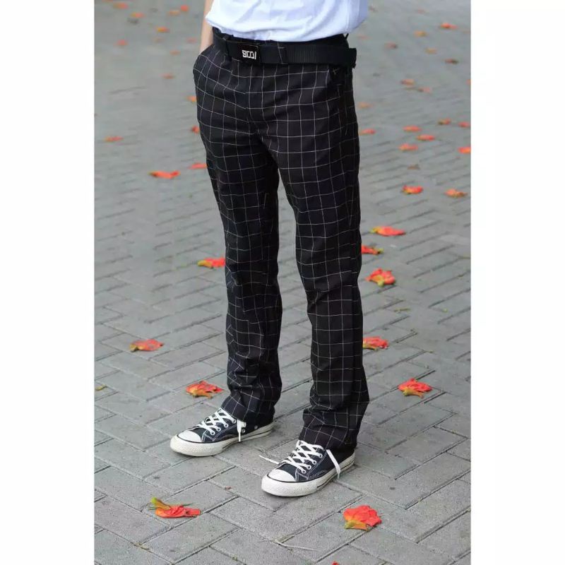 CELANA CHINO TARTAN PRIA ANKLE PANTS MOTIF KOTAK-KOTAK MODEL SLIM FIT BAHAN SEMIWOOL