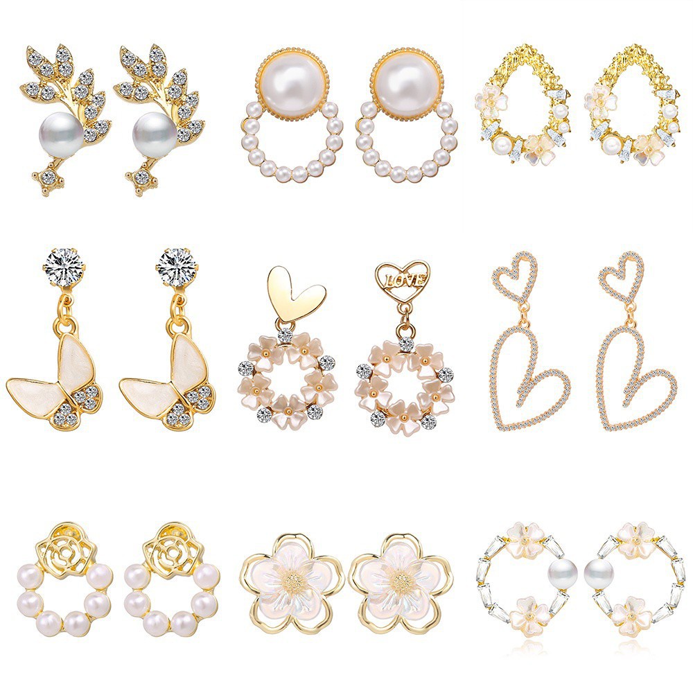 ☛TK☚  A059 Anting Tusuk 17KM Gantung Temperament Desain Hati + Pita + Mutiara Gaya Korea / Elegan 17km Untuk Wanita
