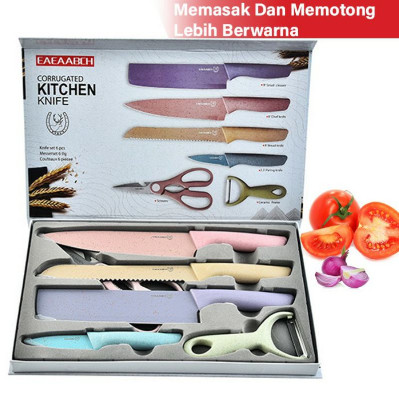 SET PISAU DAPUR JERAMI PASTEL kemasan magnet IMPOR, PISAU BUAH, SET PISAU isi 6 pcs dengan tutup Mag