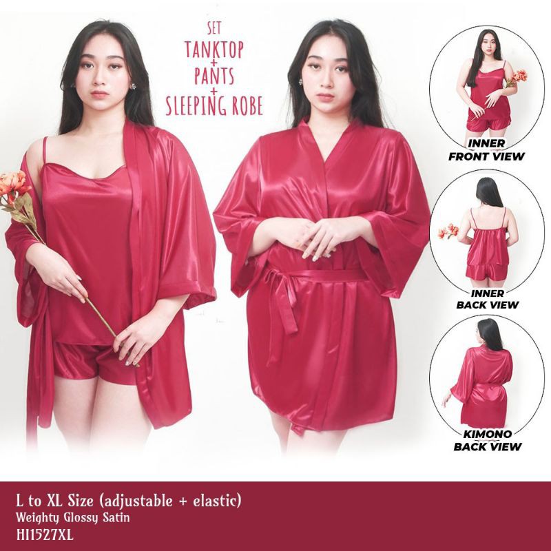 Kimono wanita sexy big size jumbo set babydoll celana pendek baju tidur satin 1527MSET_XL