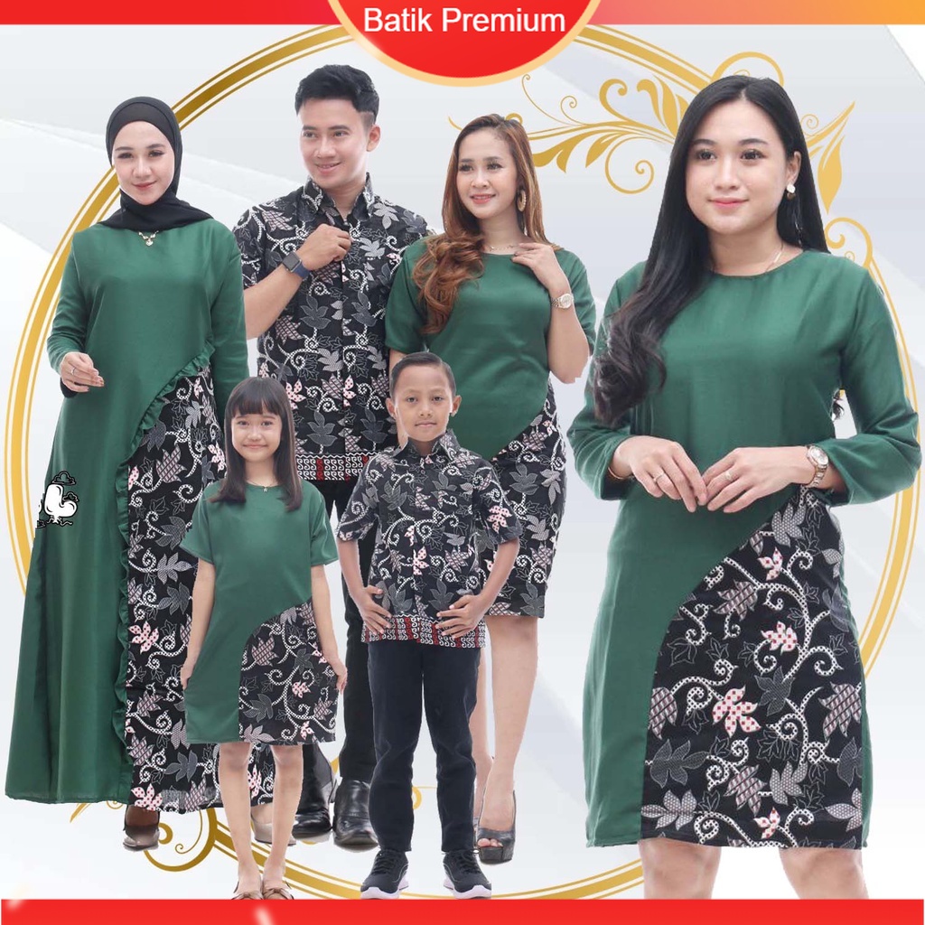 Set Keluarga - Batik Keluarga Muslim Kombinasi - Ibu Bapak Anak - Motif Moscrep Hijau Botol - Dress 