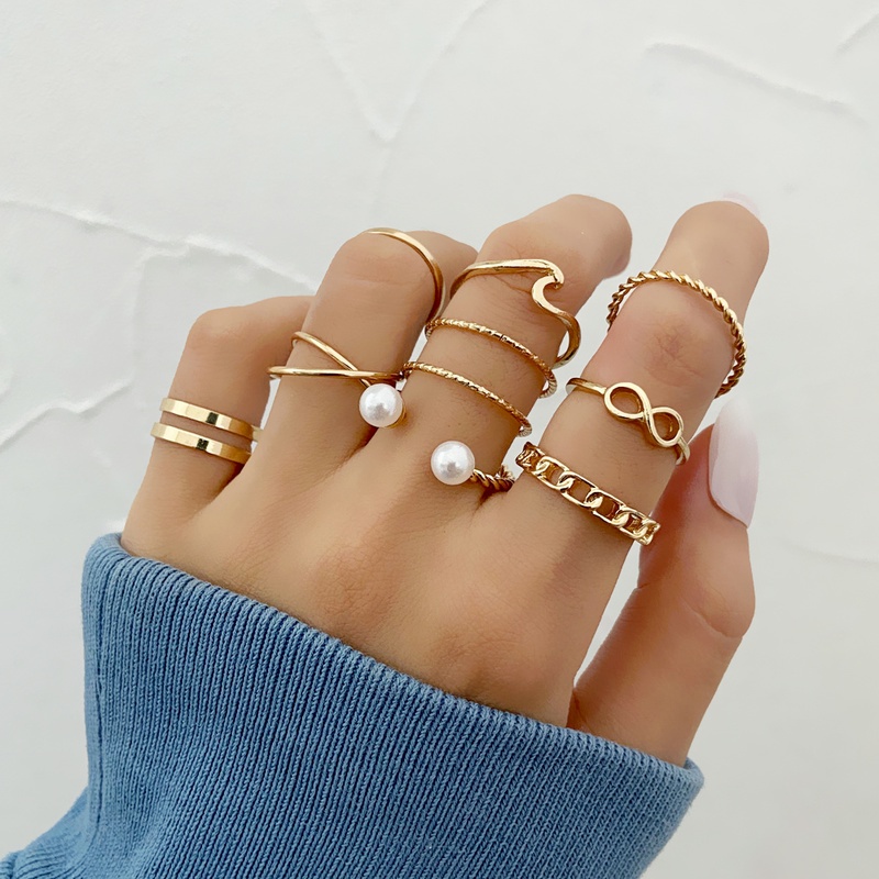 10pcs / Set Cincin Model Terbuka Desain Ombak Hias Mutiara Gaya Eropa / Amerika / Simple Untuk Wanita