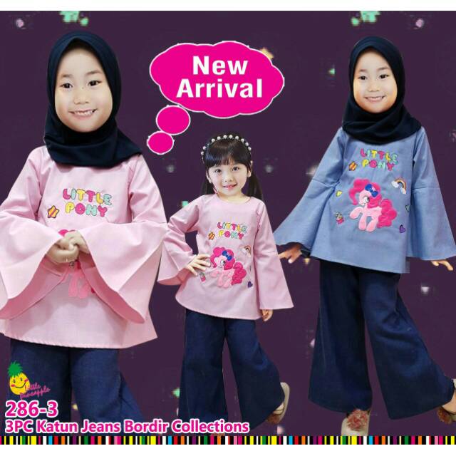 286 - 3 Setelan Hijab Anak Little Pineapple Little Pony Motif Bordir Celana Kulot Jeans 3~8 tahun