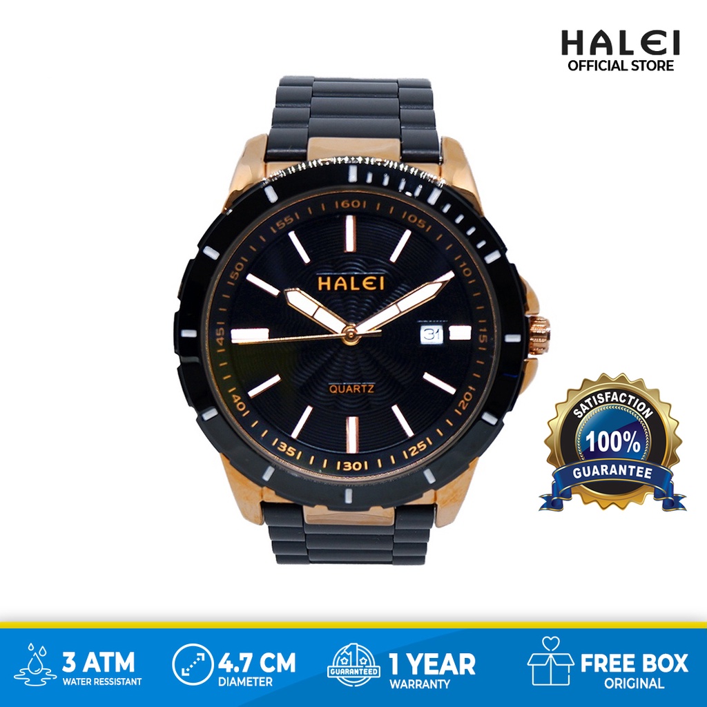 Halei watch Jam Tangan Pria Halei Sporty Analog Mewah Original 8033 M Hitam Rosegold Garansi 1 Tahun