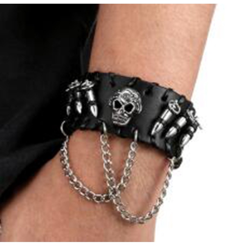 Gelang Rantai Adjustable Desain Tengkorak Bahan Kulit Warna Hitam Gaya Punk Rock Gothic Untuk Pria