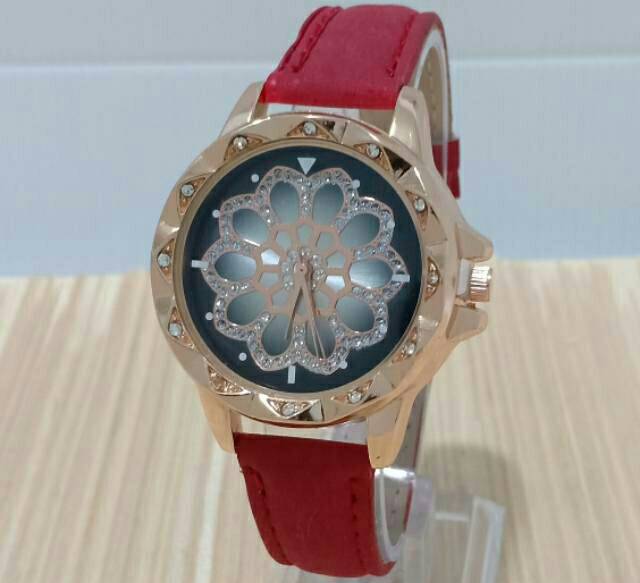 Jam Tangan Wanita Kulit Plat Bunga Diamond