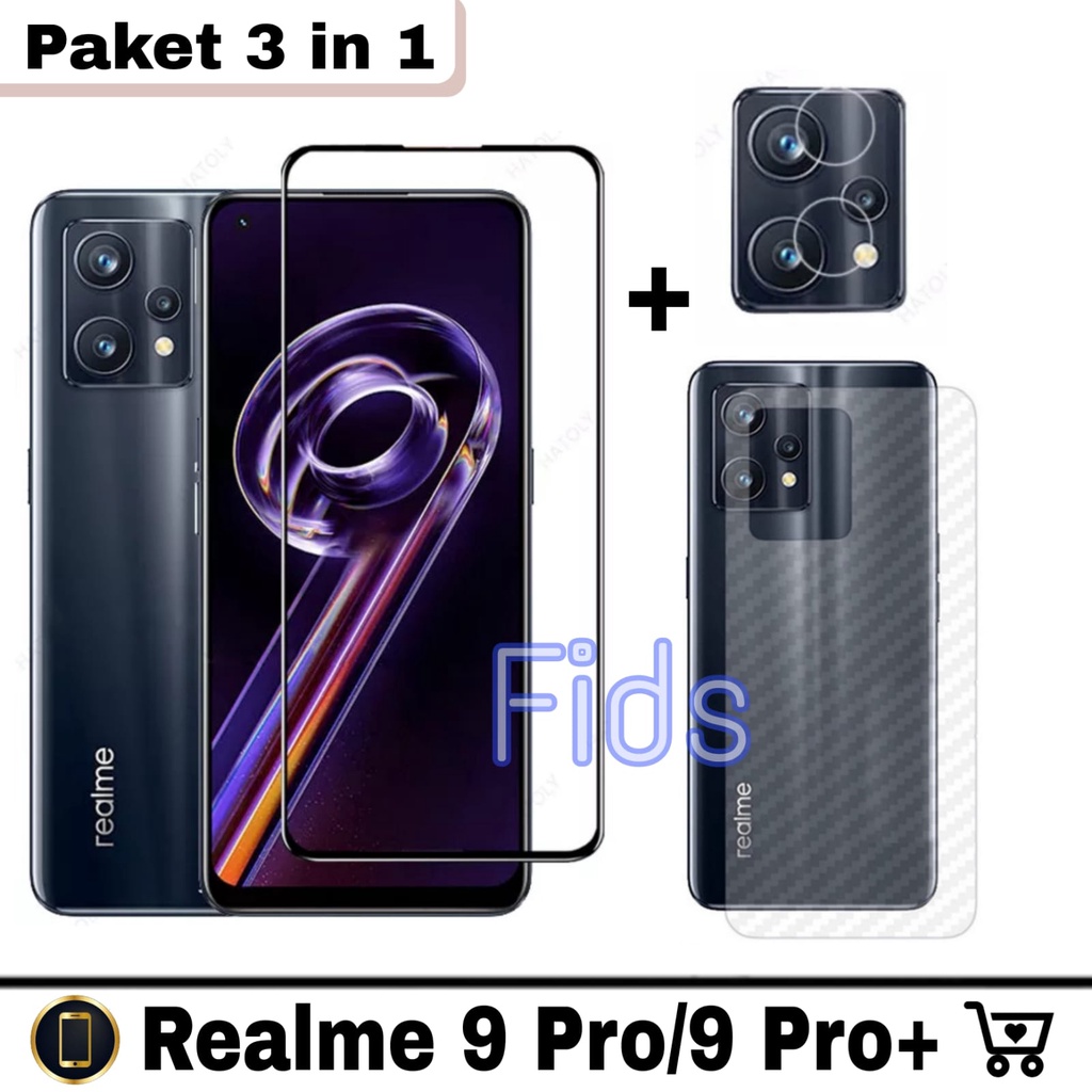 Paket 3 in 1 Tempered Glass Realme 9 Pro 5G / REalme 9i / Realme 9 4G / Realme 9 Pro Plus Anti Gores Layar Free TG Camera &amp; Garskin Carbon For Realme 9 Pro Plus