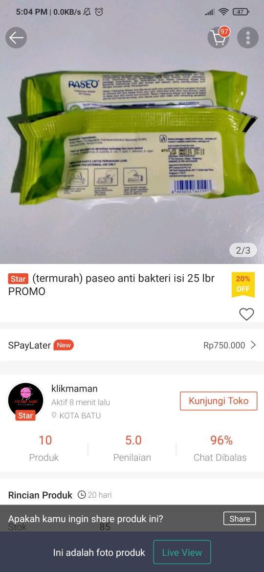 (termurah) Paseo Anti Bakteri Isi 25 Lbr Promo