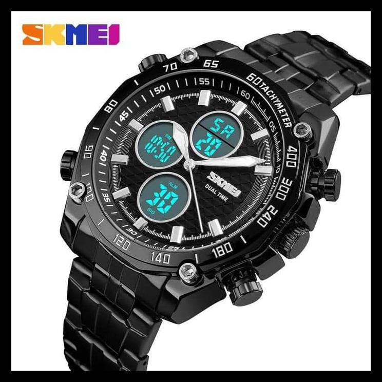 . Jam Tangan Pria Full Black Skmei Original Tahan Air LED Keren Rolex - Hitam Hitam TERBATAS
