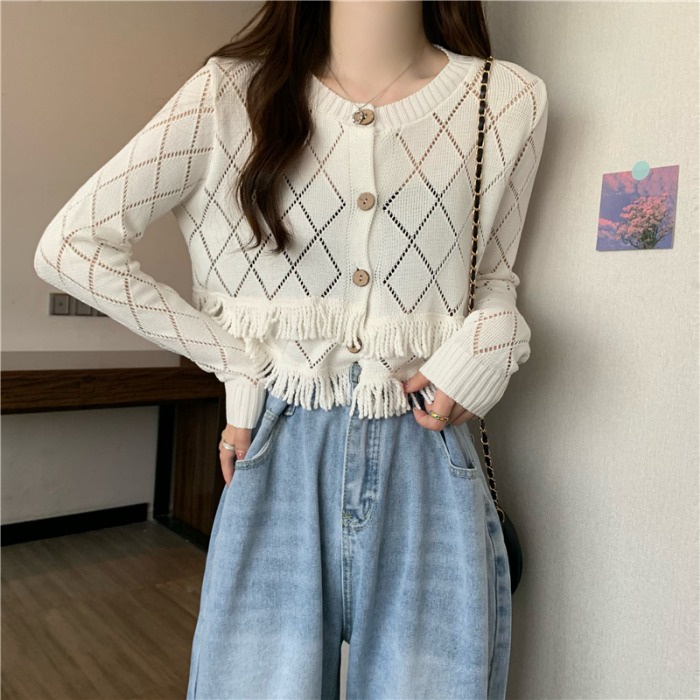 Cardigan Rajut Crop Top Polo Wanita Lengan Panjang