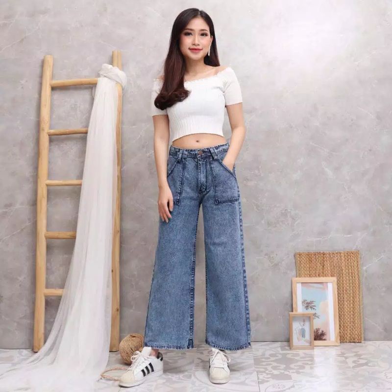 Celana Kulot Jeans Wanita - Celana Kulot Saku depan