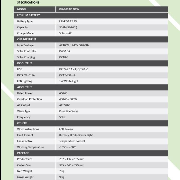 PORTABLE SOLAR POWER GENERATOR 600W KENIKA KLI-600AD
