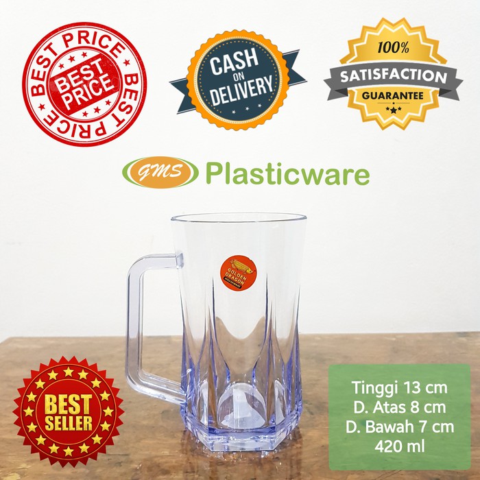 

6 Pc Gelas Teh Gagang Plastik Relief Kristal 410ml Golden Dragon 862