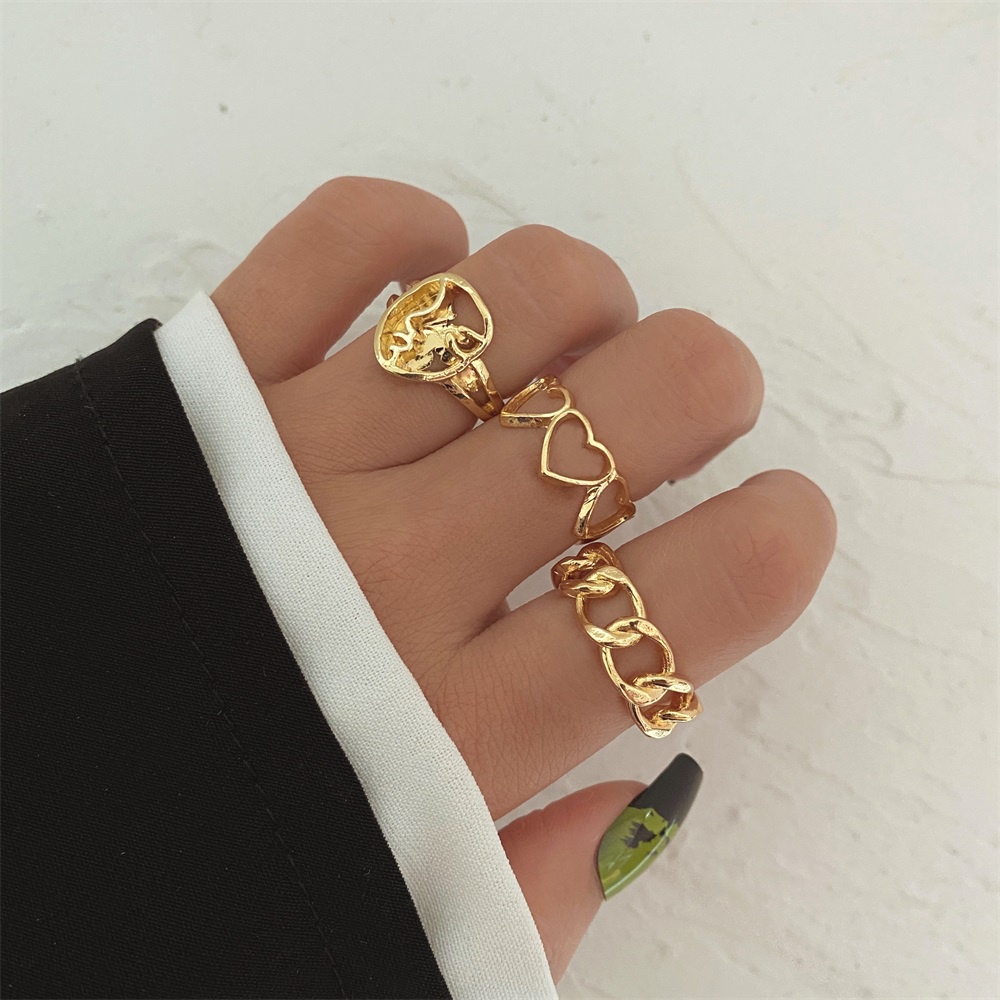 3pcs / Set Cincin Model Hollow Bentuk Hati Dapat Disesuaikan Untuk Wanita