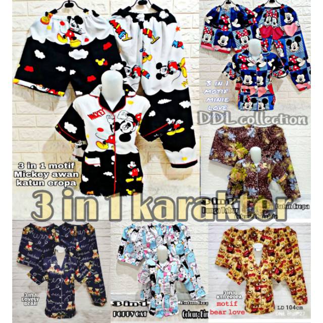 baju tidur Piyama 3 in 1 dewasa motif karakter