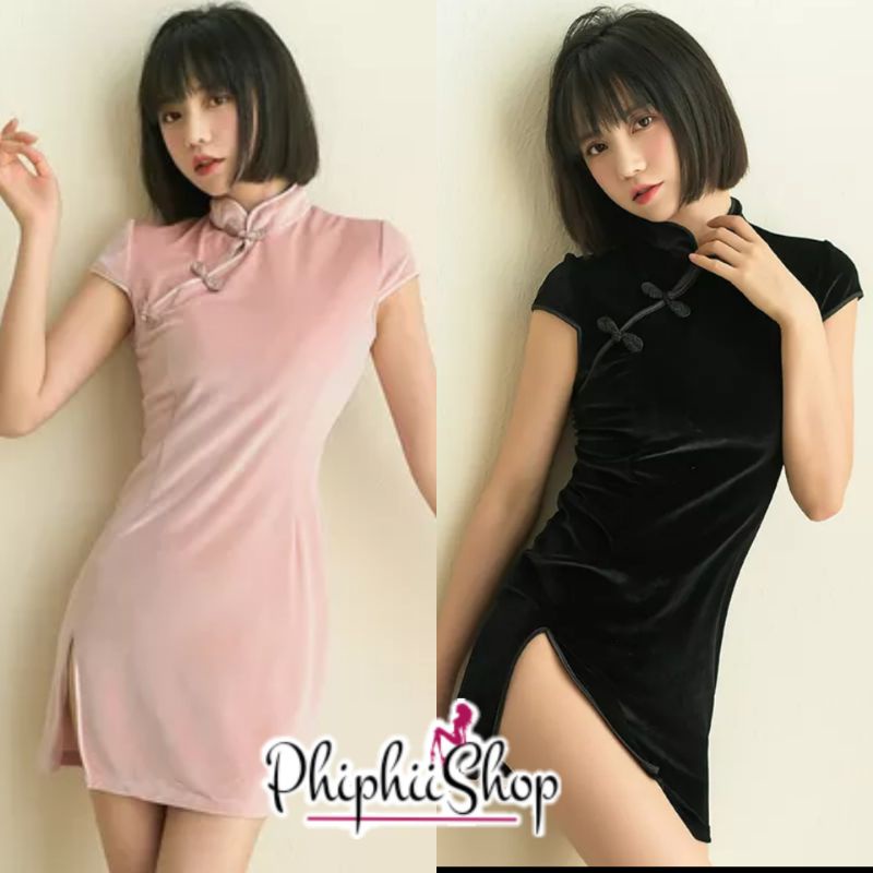 PREMIUM Shanghai Dress Cheongsam Qipao China Beludru Tebal Cosplay Pink Hitam