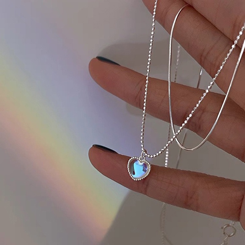 Set Anting Tusuk + Kalung Rantai Liontin Hati Batu Opal Mini Gaya Korea Untuk Wanita