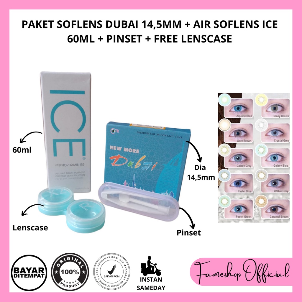[ 4IN1 ] PAKET SOFTLENS DUBAI DIA 14,5MM NORMAL &amp; MINUS + CAIRAN ICE 60ML + PINSET + LENSCASE / COD INSTAN SAMEDAY / LENSA KONTAK / PAKET MURAH