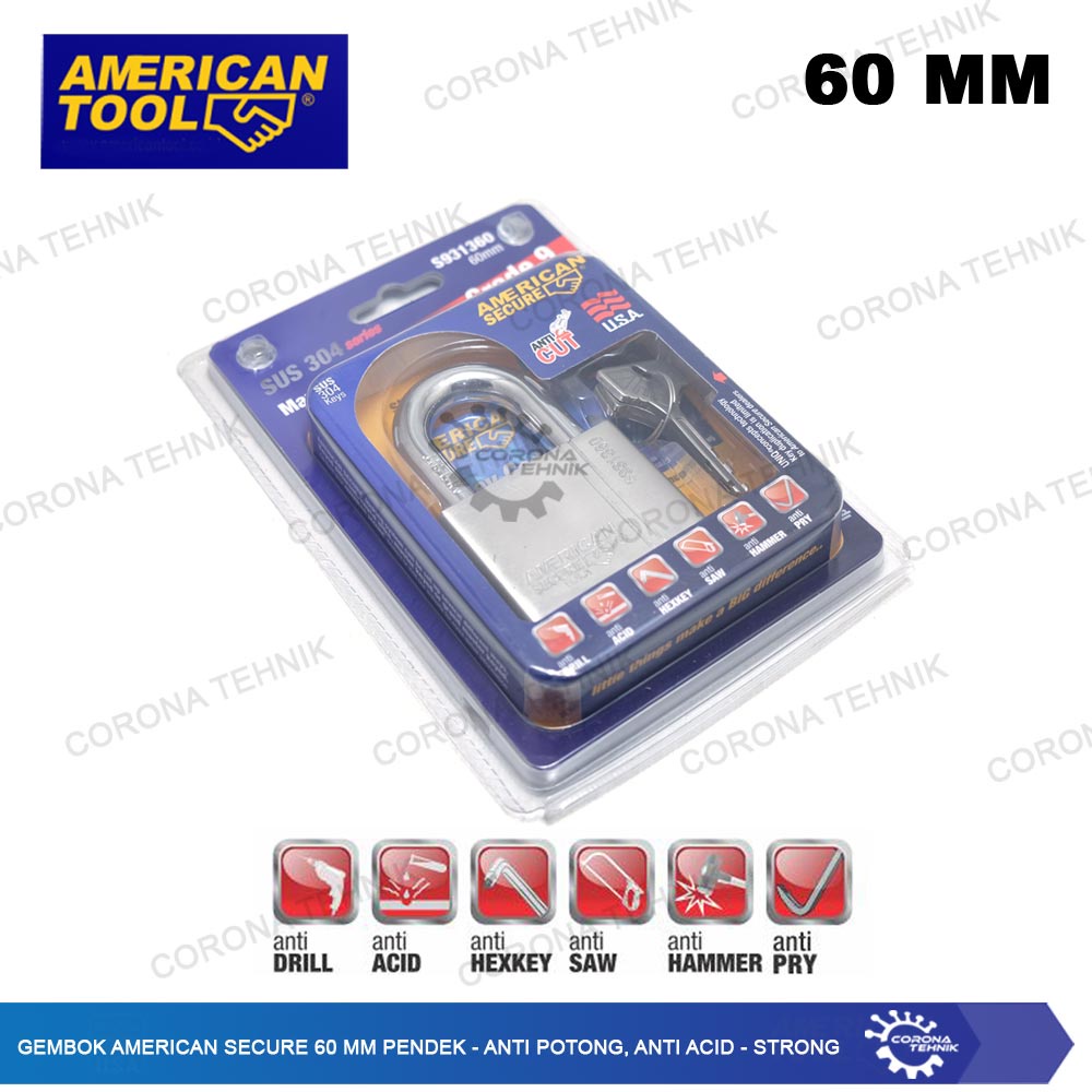 American - Gembok Secure 60 mm Pendek - Anti Potong, Anti Acid - Strong