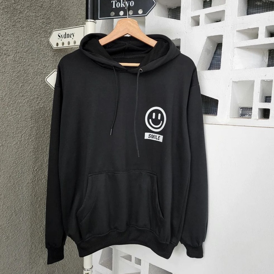 Hodie Wanita Or Pria Smile Hoodie Black Oversize Bahan Pleece Terbaru