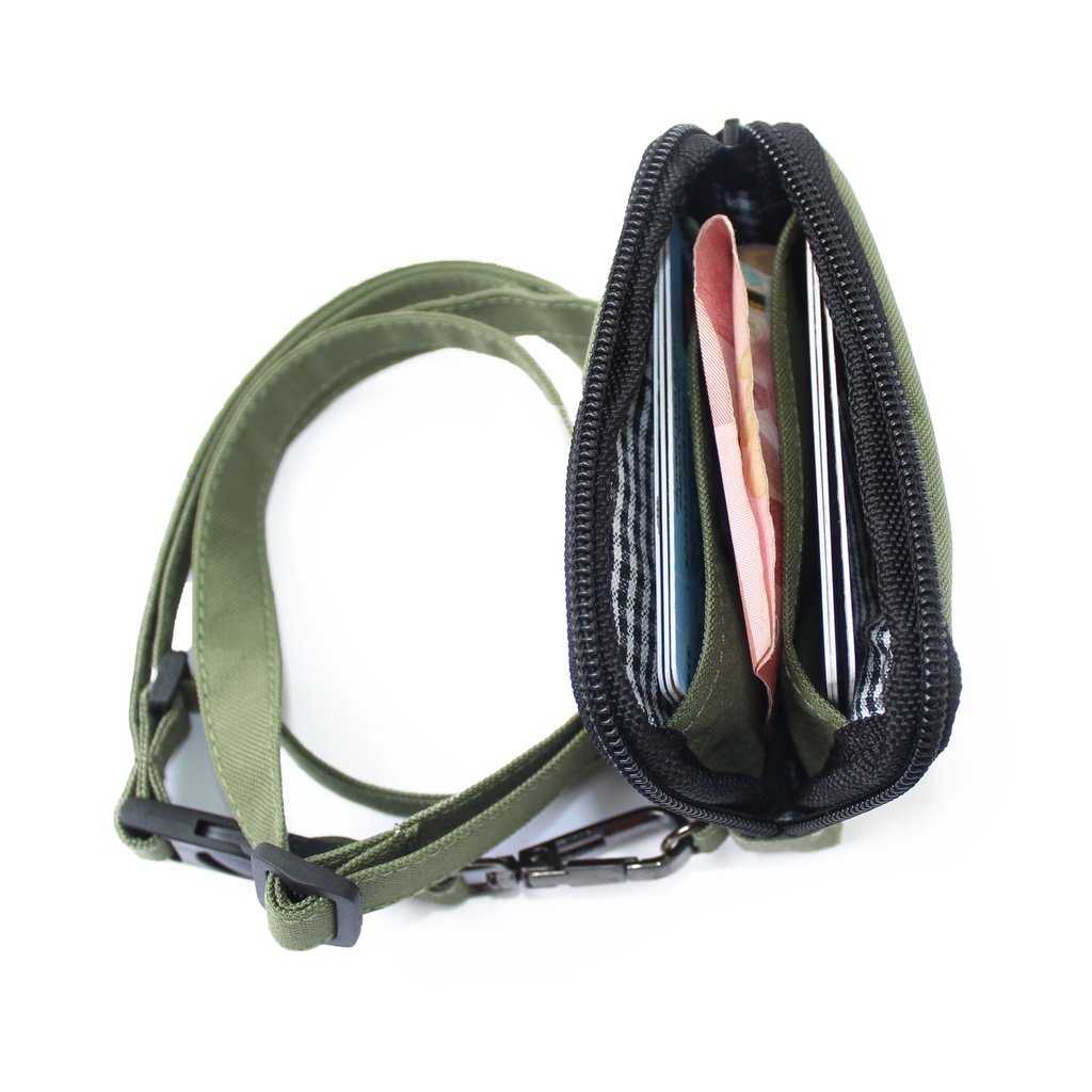 EMHW113 Hanging Wallet Pocket Pouch Dompet kartu Gantung Tali Lanyard hijau army