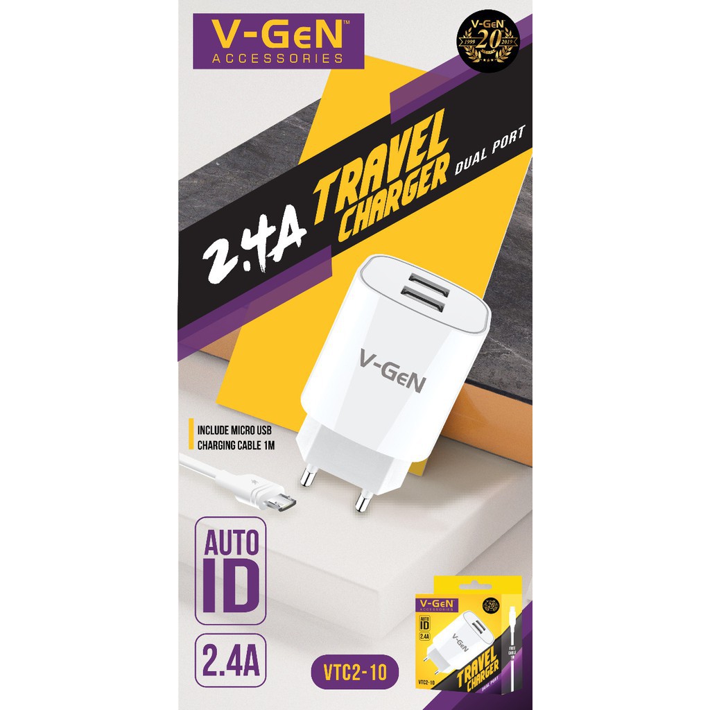 [COD] CHARGER VGEN VTC2-10 AUTO ID DUAL PORT 2.4A INCLUDE KABEL DATA MICRO USB 1M